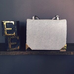 Melie Bianco Silver Crossbody Bag with Gold Corner Accents